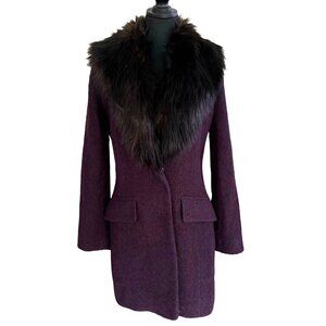 Badgley Mischka Women's Purple Tweed Coat Jacket with Faux Fur Collar - Size X S